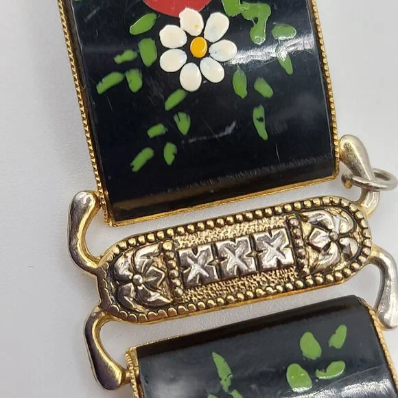 Vintage Hand Painted Floral Panel Bracelet Gold Tone Damascene Made in Spain - Picture 3 of 7
